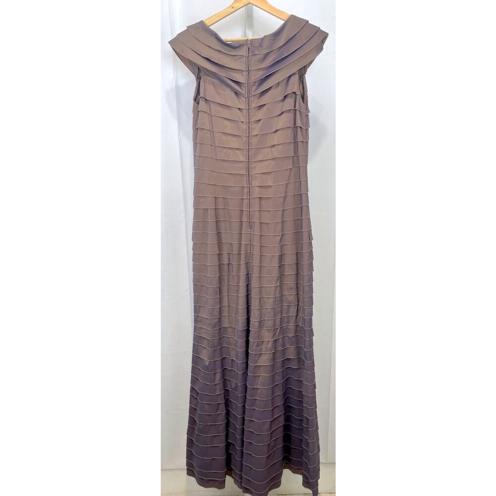 TADASHI SHOJI Tiered Rosette Maxi Dress V Neck Sleeveless Shimmer Brown Size 12 - Picture 2 of 7
